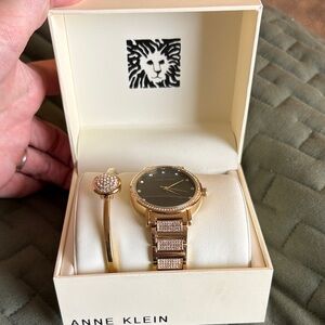 Anne Klein Gold and Black Watch with Crystal Accents